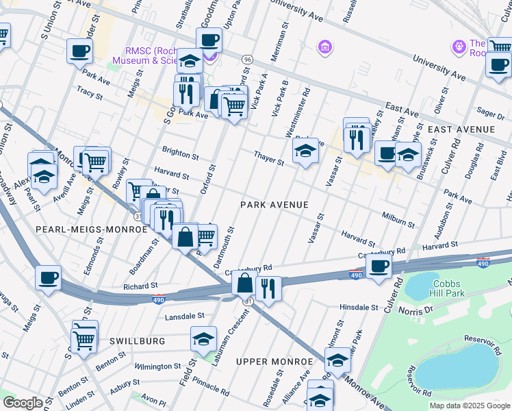 map of restaurants, bars, coffee shops, grocery stores, and more near 285 Westminster Road in Rochester