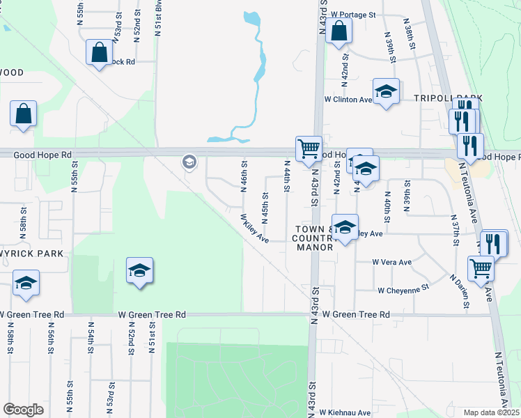 map of restaurants, bars, coffee shops, grocery stores, and more near 7061 North 45th Street in Milwaukee