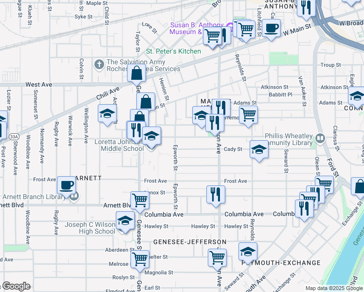map of restaurants, bars, coffee shops, grocery stores, and more near 190 Cady Street in Rochester