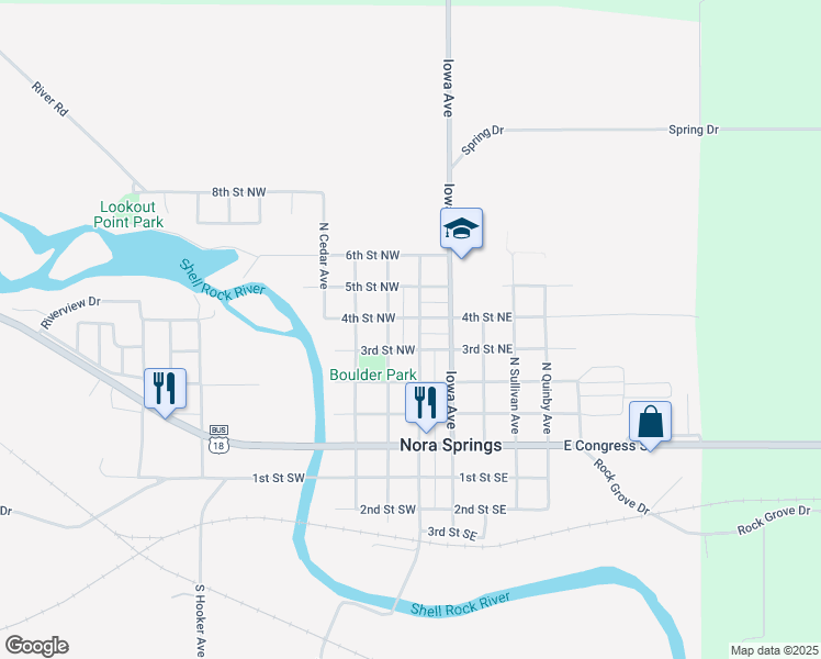 map of restaurants, bars, coffee shops, grocery stores, and more near 312 North Hawkeye Avenue in Nora Springs
