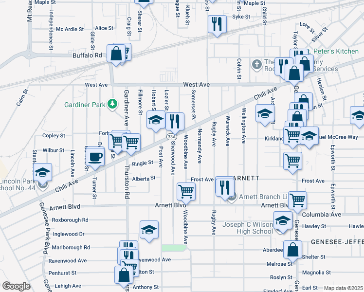 map of restaurants, bars, coffee shops, grocery stores, and more near 47 Woodbine Avenue in Rochester