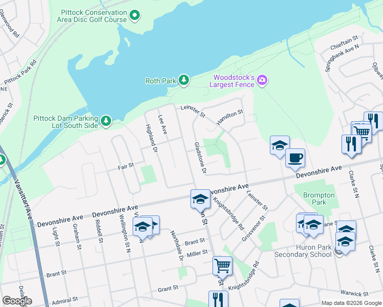 map of restaurants, bars, coffee shops, grocery stores, and more near 469 Huron Street in Woodstock