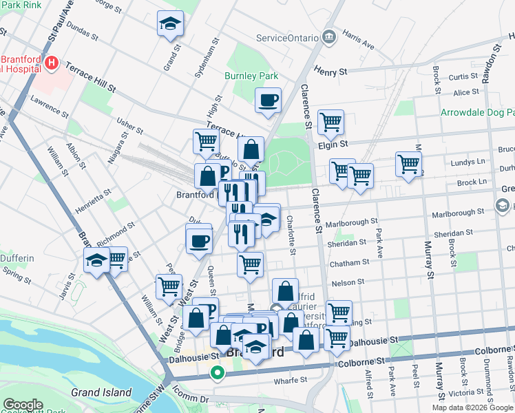 map of restaurants, bars, coffee shops, grocery stores, and more near 170 George Street in Brantford