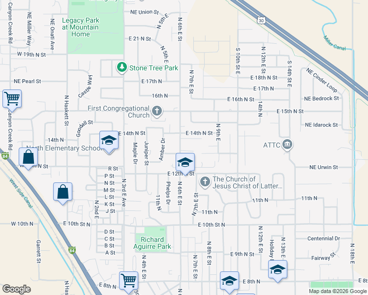 map of restaurants, bars, coffee shops, grocery stores, and more near 1350 North 6th East Street in Mountain Home