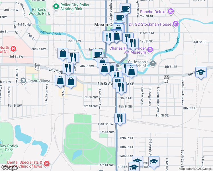 map of restaurants, bars, coffee shops, grocery stores, and more near 604 South Washington Avenue in Mason City