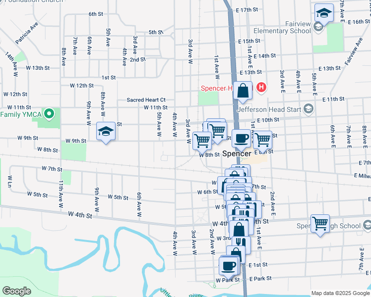 map of restaurants, bars, coffee shops, grocery stores, and more near 813 3rd Ave W in Spencer