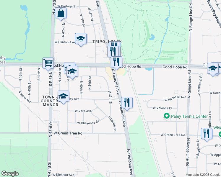 map of restaurants, bars, coffee shops, grocery stores, and more near 7050 North 37th Street in Milwaukee