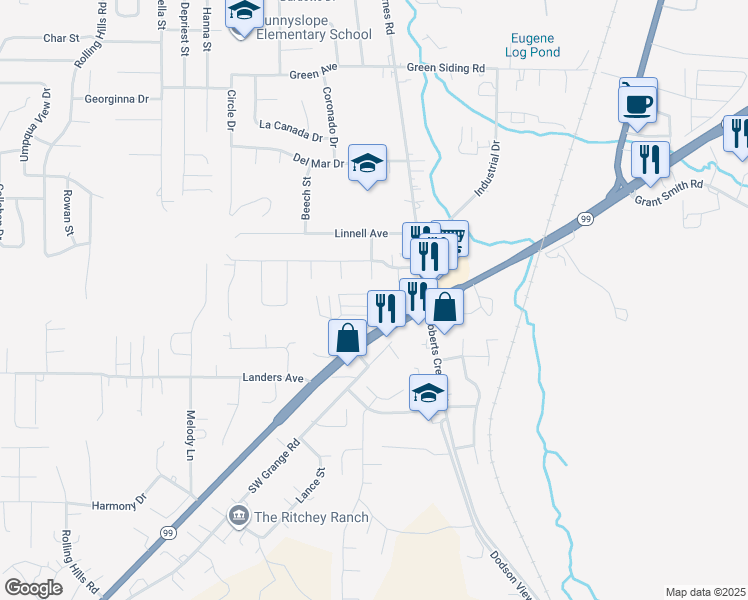 map of restaurants, bars, coffee shops, grocery stores, and more near 200 Emils Way in Roseburg