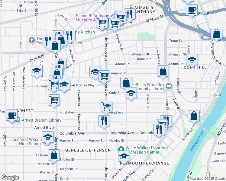 map of restaurants, bars, coffee shops, grocery stores, and more near 124 Cady Street in Rochester