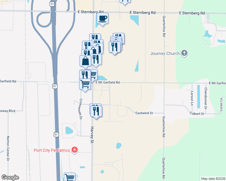 map of restaurants, bars, coffee shops, grocery stores, and more near 5846 Commerce Center Drive in Muskegon