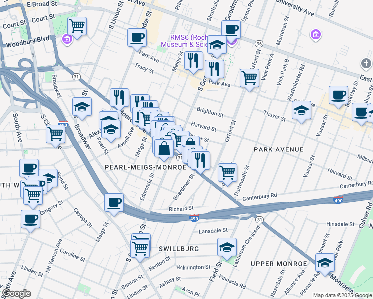 map of restaurants, bars, coffee shops, grocery stores, and more near 27 Cornell Street in Rochester