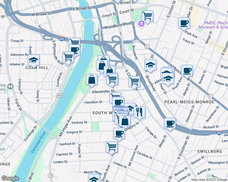 map of restaurants, bars, coffee shops, grocery stores, and more near South Avenue & Alexander Street in Rochester