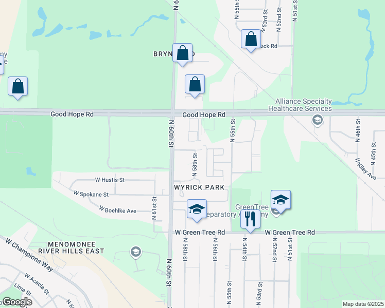 map of restaurants, bars, coffee shops, grocery stores, and more near 8629 North 58th Street in Milwaukee