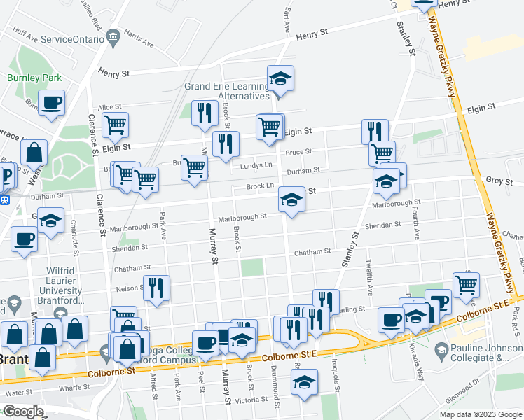 map of restaurants, bars, coffee shops, grocery stores, and more near 236 Marlborough Street in Brantford