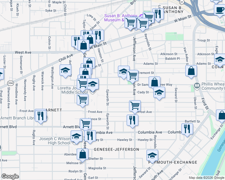 map of restaurants, bars, coffee shops, grocery stores, and more near 192 Cady Street in Rochester