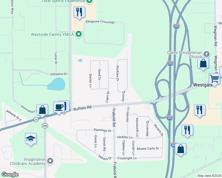 map of restaurants, bars, coffee shops, grocery stores, and more near 11 Capri Drive in Rochester