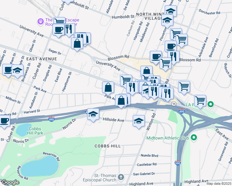 map of restaurants, bars, coffee shops, grocery stores, and more near 44 Colby Street in Rochester