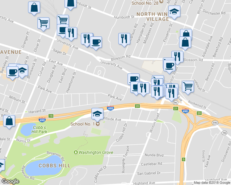 map of restaurants, bars, coffee shops, grocery stores, and more near 44 Colby Street in Rochester