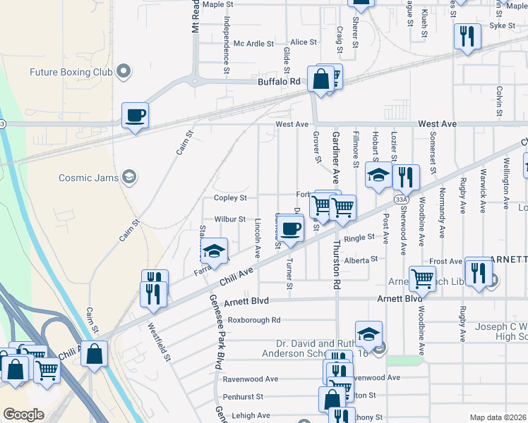 map of restaurants, bars, coffee shops, grocery stores, and more near 184 Lincoln Avenue in Rochester