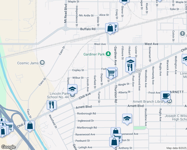 map of restaurants, bars, coffee shops, grocery stores, and more near 183 Garfield Street in Rochester