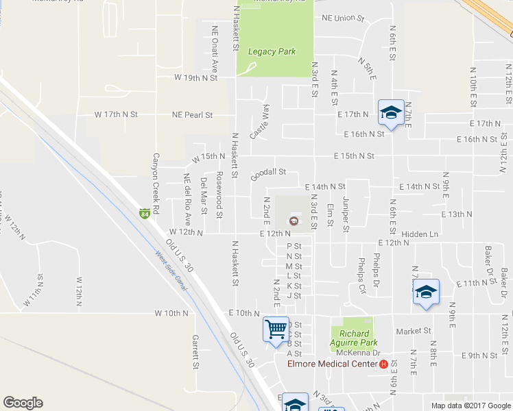 map of restaurants, bars, coffee shops, grocery stores, and more near 114 Goodall Street in Mountain Home