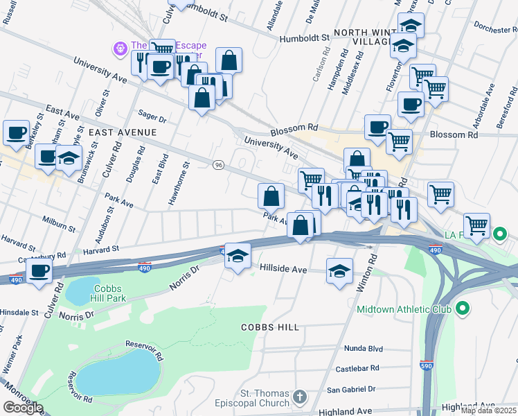 map of restaurants, bars, coffee shops, grocery stores, and more near 1206 Park Avenue in Rochester
