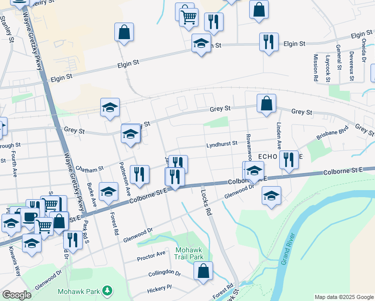 map of restaurants, bars, coffee shops, grocery stores, and more near 9 Lyndhurst Street in Brantford