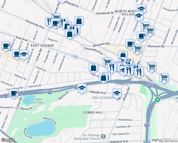 map of restaurants, bars, coffee shops, grocery stores, and more near 1200 Park Avenue in Rochester