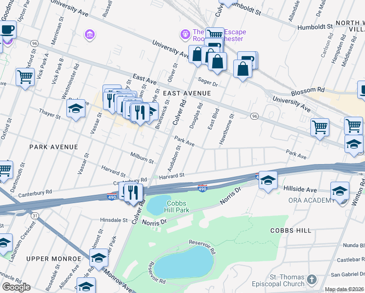 map of restaurants, bars, coffee shops, grocery stores, and more near 7 Audubon Street in Rochester