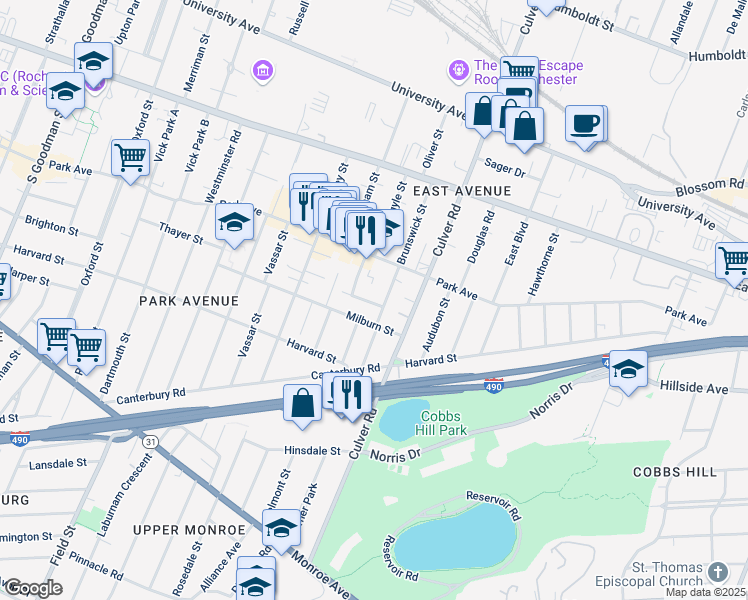 map of restaurants, bars, coffee shops, grocery stores, and more near 18 Morningside Park in Rochester