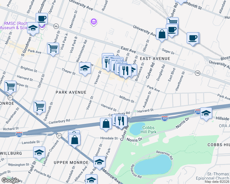 map of restaurants, bars, coffee shops, grocery stores, and more near 192 Milburn Street in Rochester