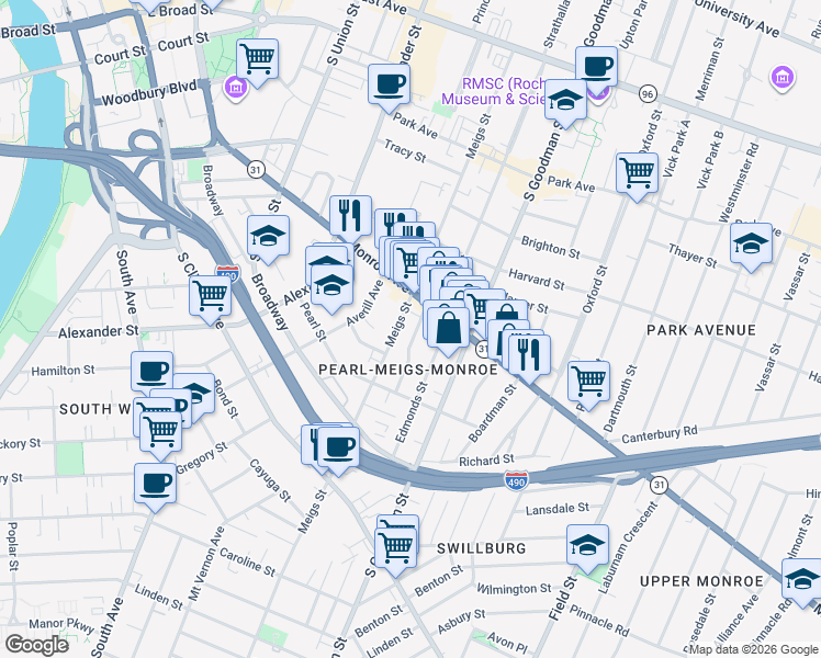 map of restaurants, bars, coffee shops, grocery stores, and more near 416 Meigs Street in Rochester