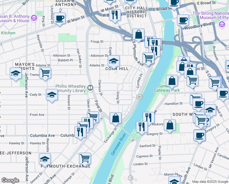 map of restaurants, bars, coffee shops, grocery stores, and more near 4 Greig Street in Rochester