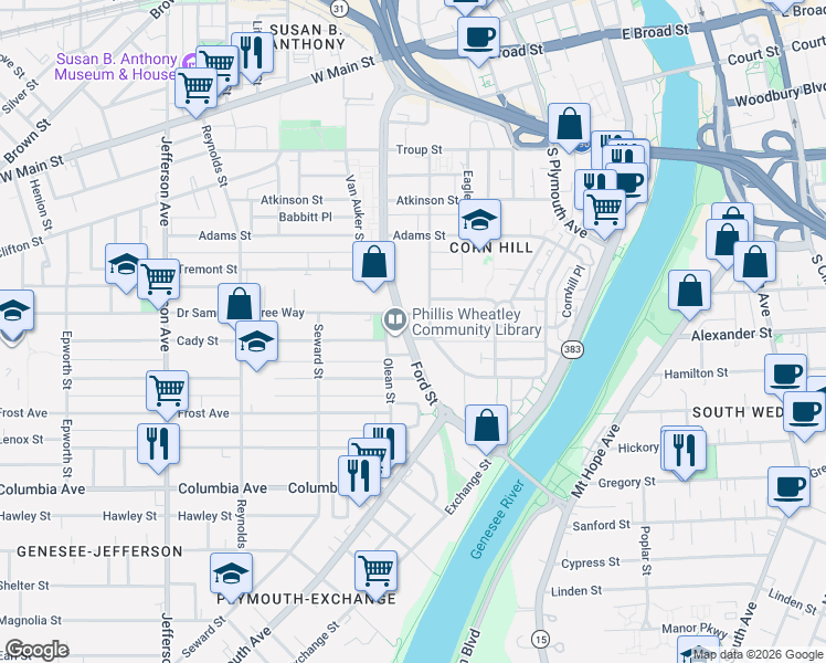 map of restaurants, bars, coffee shops, grocery stores, and more near 4 Price Lane in Rochester