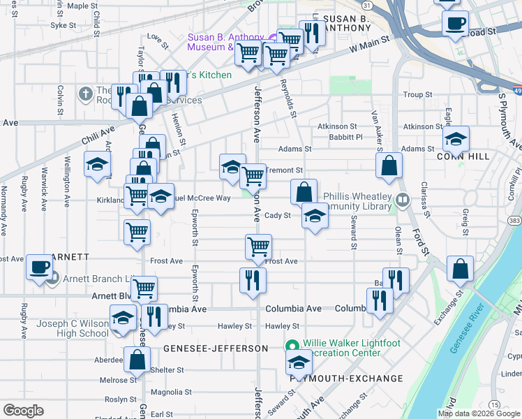 map of restaurants, bars, coffee shops, grocery stores, and more near 144 Cady Street in Rochester