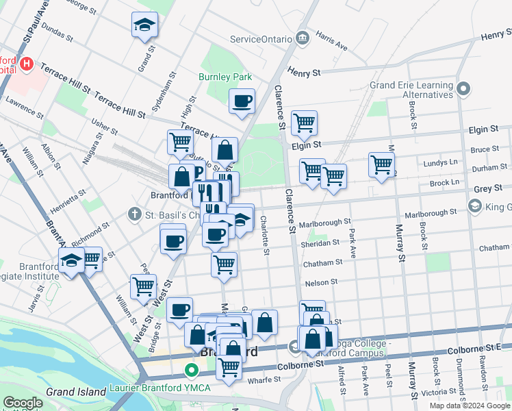 map of restaurants, bars, coffee shops, grocery stores, and more near 42 Grey Street in Brantford
