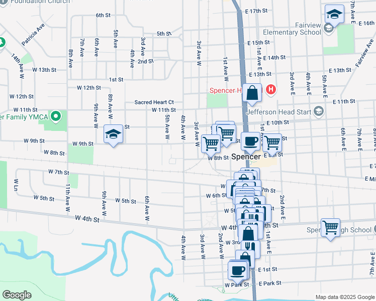 map of restaurants, bars, coffee shops, grocery stores, and more near 813 3rd Ave W in Spencer