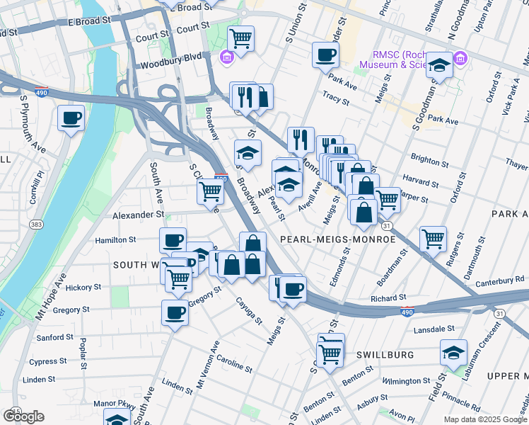 map of restaurants, bars, coffee shops, grocery stores, and more near 556 Broadway in Rochester