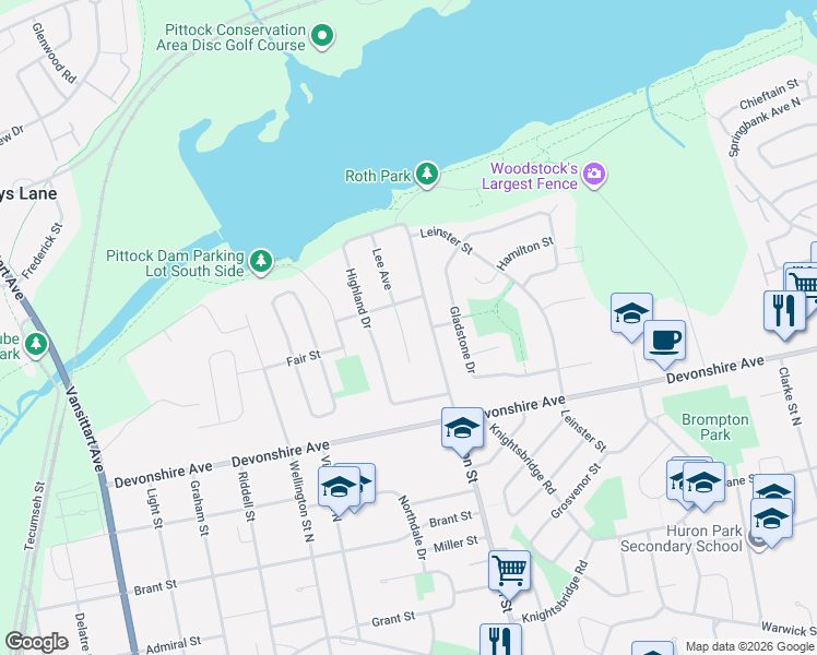 map of restaurants, bars, coffee shops, grocery stores, and more near 480 Lee Avenue in Woodstock