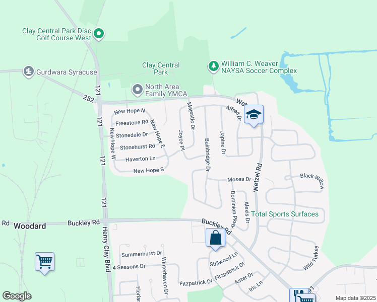 map of restaurants, bars, coffee shops, grocery stores, and more near 7701 Majestic Drive in Liverpool