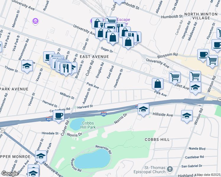 map of restaurants, bars, coffee shops, grocery stores, and more near 984 Park Avenue in Rochester