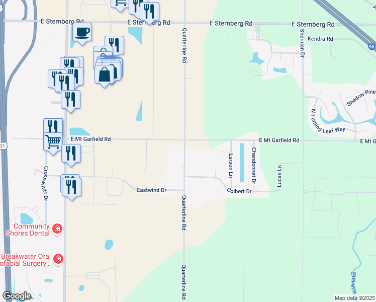 map of restaurants, bars, coffee shops, grocery stores, and more near 5832 Quarterline Road in Muskegon