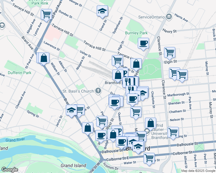 map of restaurants, bars, coffee shops, grocery stores, and more near 10 Philip Street in Brantford