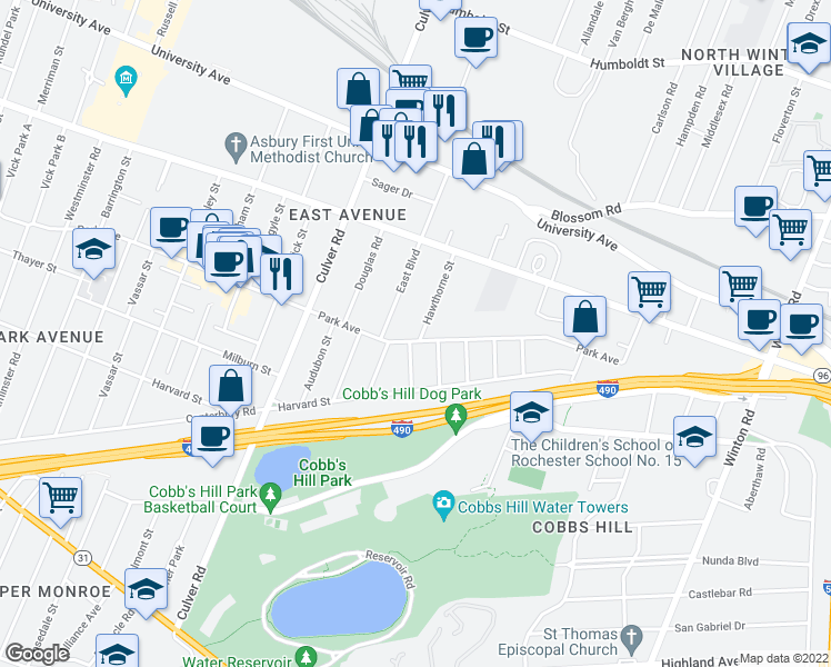 map of restaurants, bars, coffee shops, grocery stores, and more near 3 Hawthorne Street in Rochester