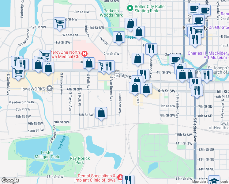 map of restaurants, bars, coffee shops, grocery stores, and more near 715 6th Street Southwest in Mason City