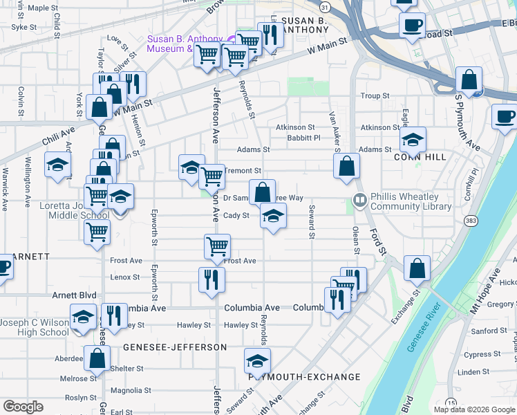 map of restaurants, bars, coffee shops, grocery stores, and more near 102 Cady Street in Rochester