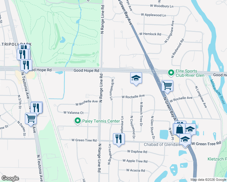 map of restaurants, bars, coffee shops, grocery stores, and more near 7012 North Braeburn Lane in Glendale