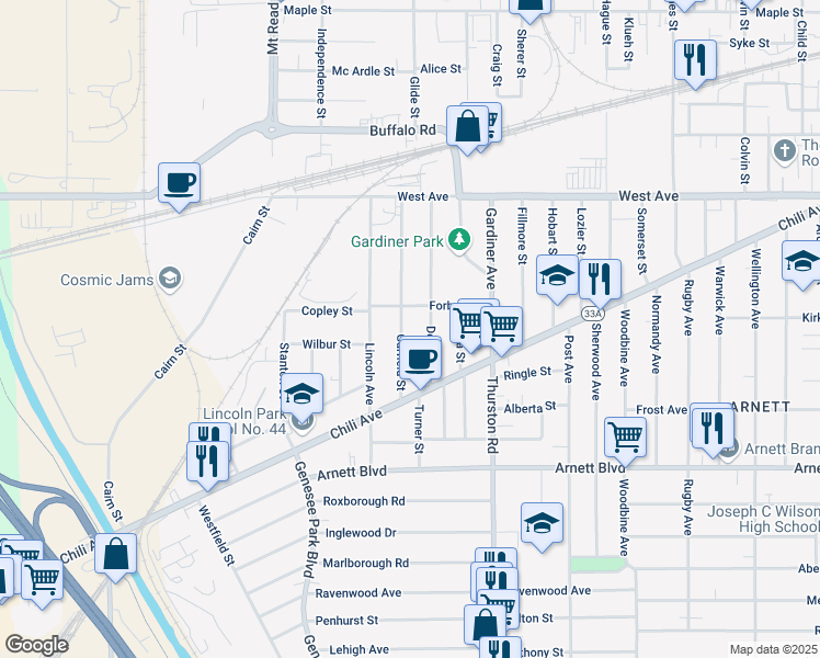 map of restaurants, bars, coffee shops, grocery stores, and more near 183 Garfield Street in Rochester