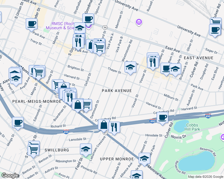 map of restaurants, bars, coffee shops, grocery stores, and more near Harvard Street & Westminster Road in Rochester