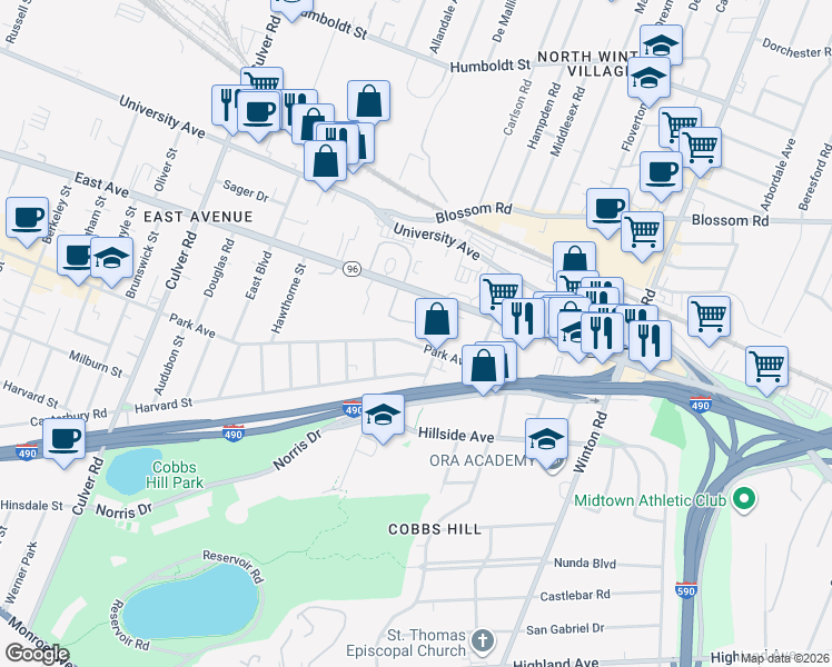 map of restaurants, bars, coffee shops, grocery stores, and more near 1200 Park Avenue in Rochester